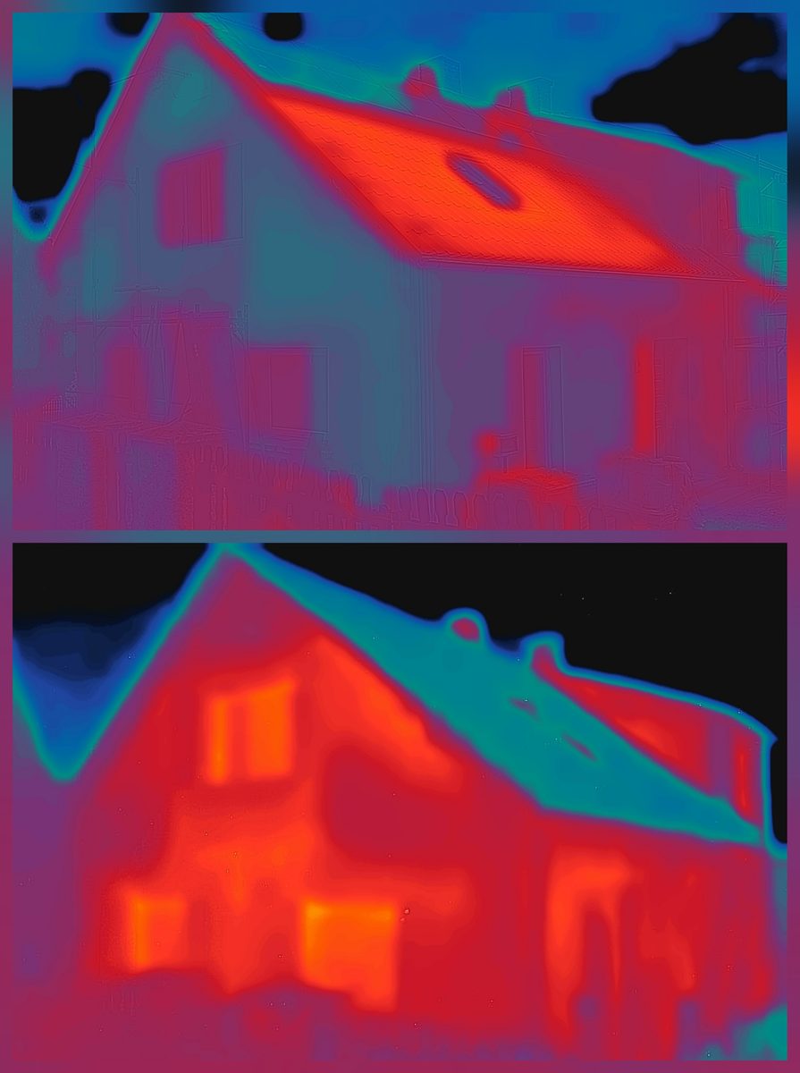 Two thermal images of a single-family house, one above the other, before and after coating. Façade surfaces and roof are clearly distinguishable by colour.