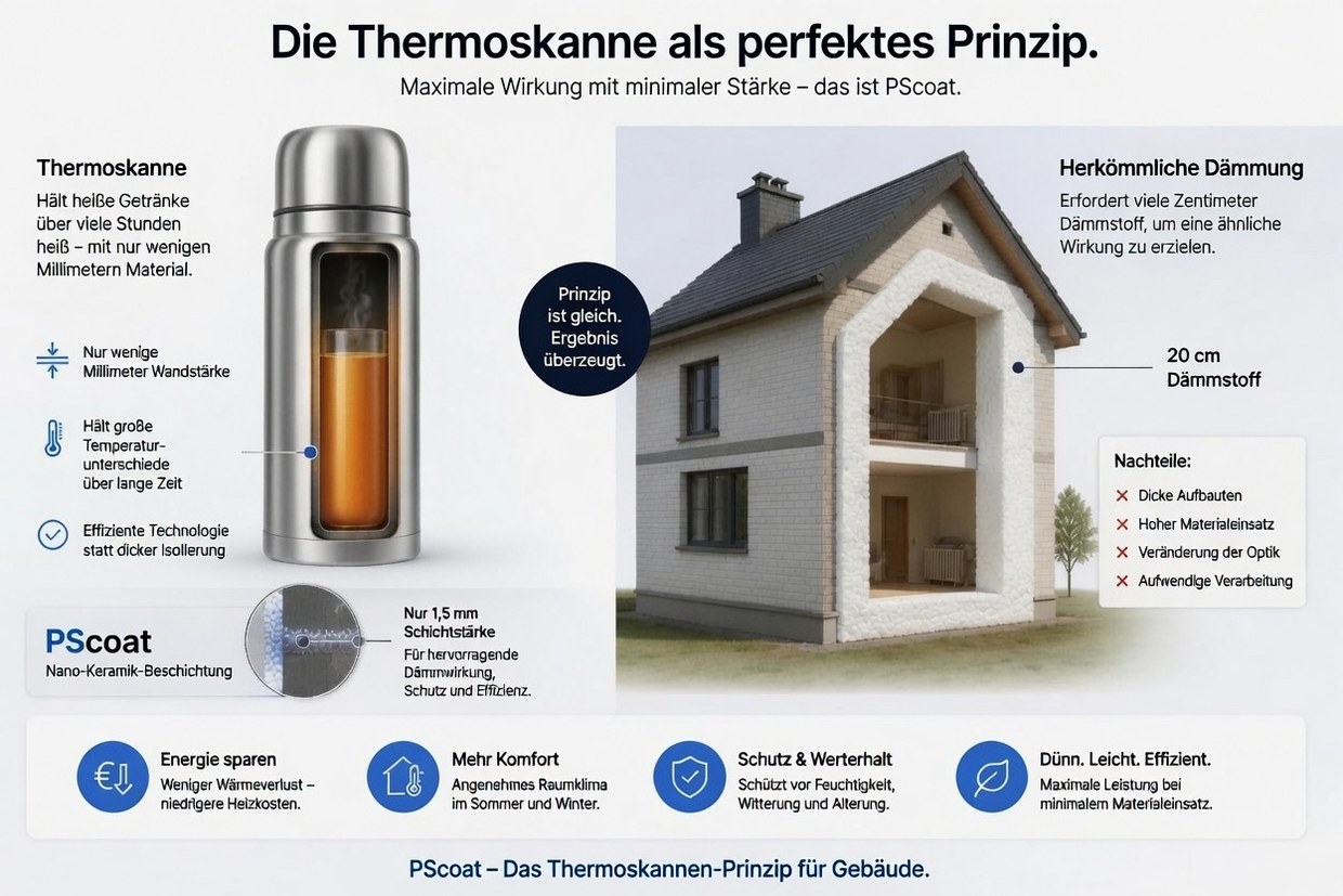Comparison graphic: a thermos flask retains heat with just a few millimetres of wall thickness, while conventional insulation needs fifteen to twenty centimetres of polystyrene for the same effect